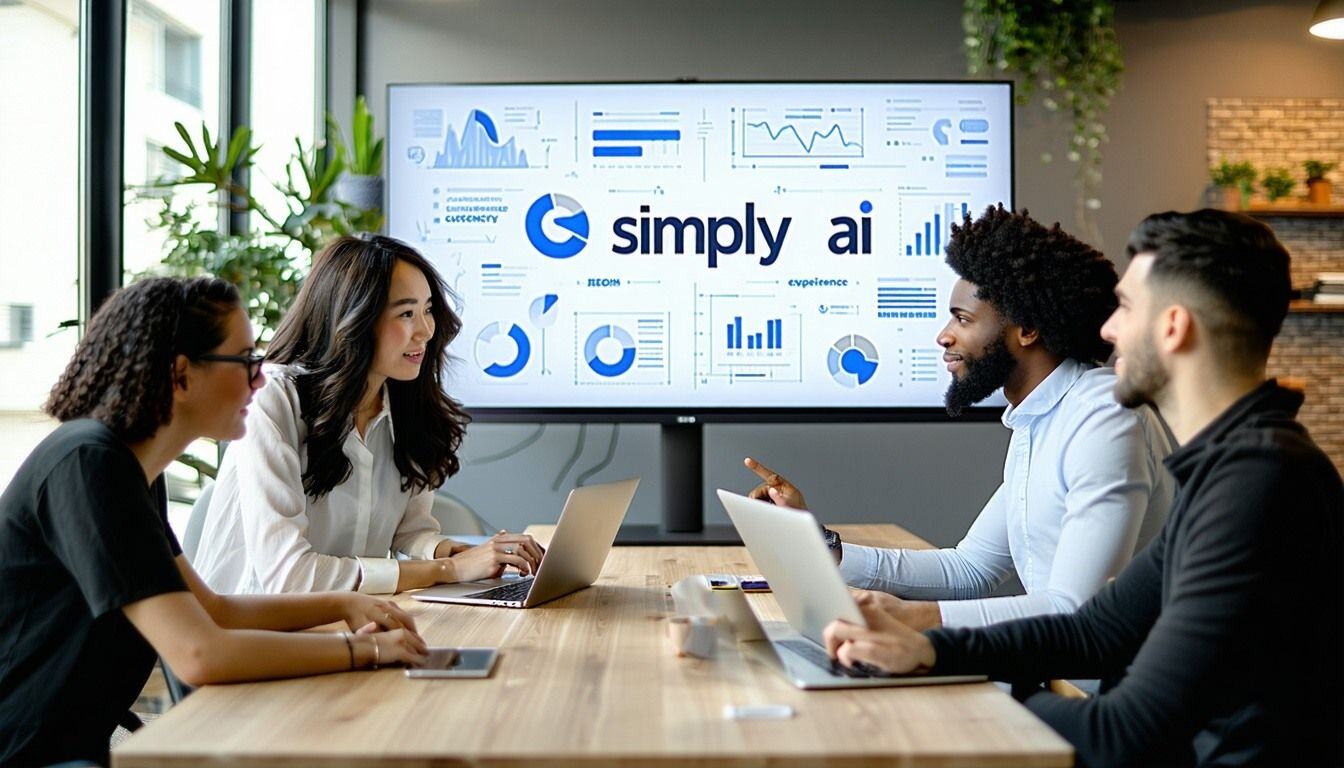 The image depicts a modern office environment with a diverse group of professionals engaged in a collaborative meeting In the center a large digital screen displays the Simply AI logo alongside keywords like Efficiency Customer Experience and Streaml