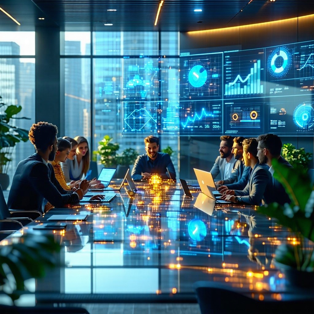 The image depicts a sleek modern office environment filled with vibrant colors and cuttingedge technology Large windows allow natural light to flood the space highlighting a diverse team of professionals engaged in collaborative discussions around a-1