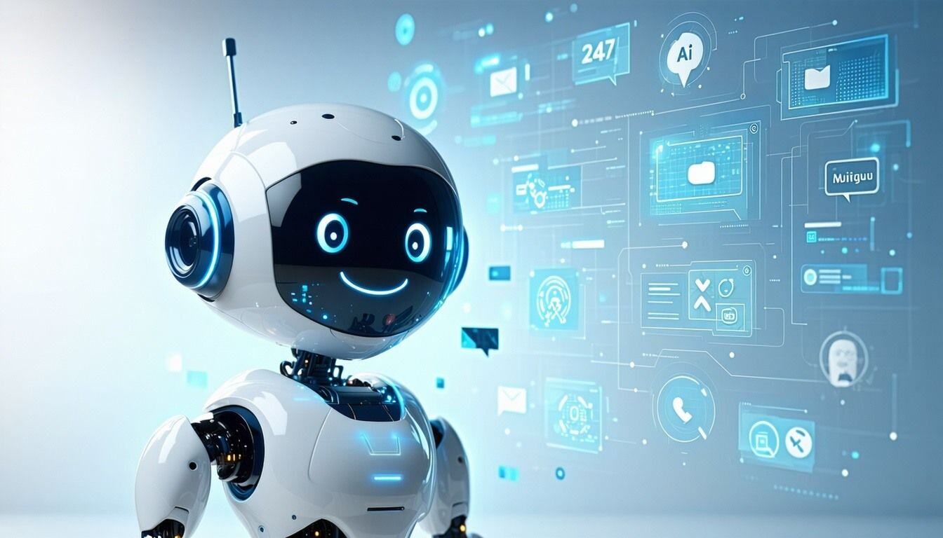 The image features a sleek, modern digital interface showcasing an interactive customer service agent