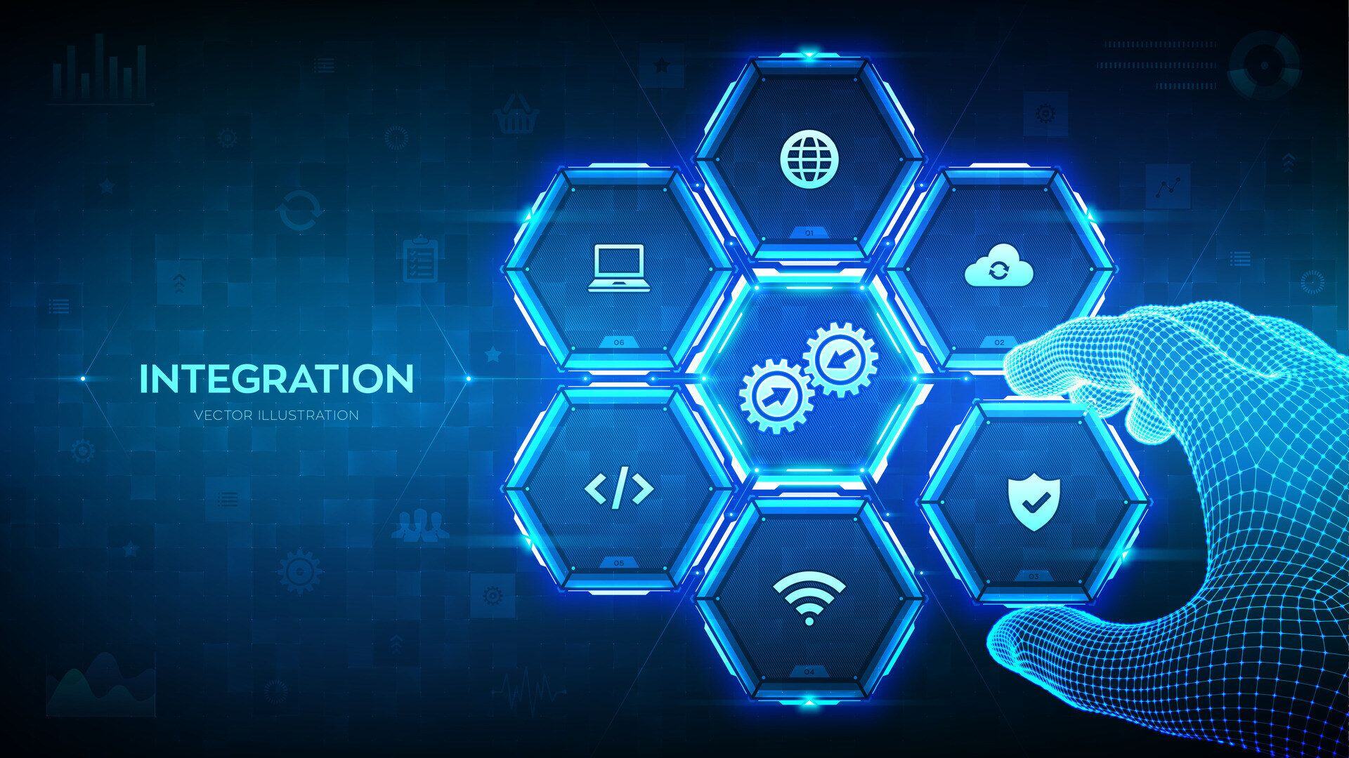 integration-data-system-system-integration-concept-industrial-smart-technology-wireframe-hand-places-an-element-into-a-composition-visualizing-business-automation-solutions-illustration-vector