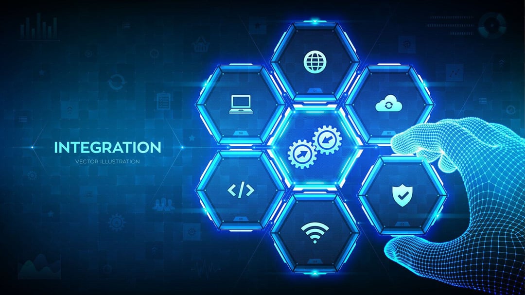 integration-data-system-system-integration-concept-industrial-smart-technology-wireframe-hand-places-an-element-into-a-composition-visualizing-business-automation-solutions-illustration-vector